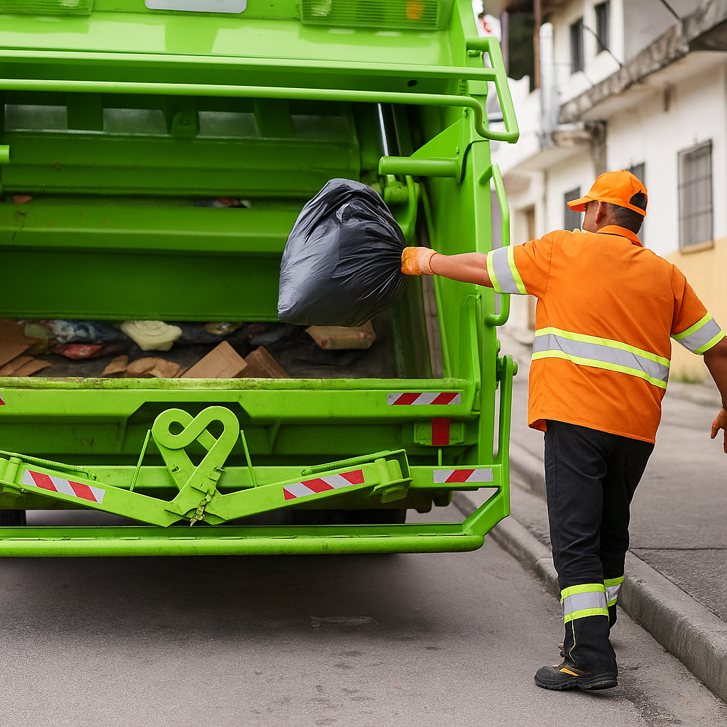 Garbage man throwing black trash bag in grabage truck brockton ma