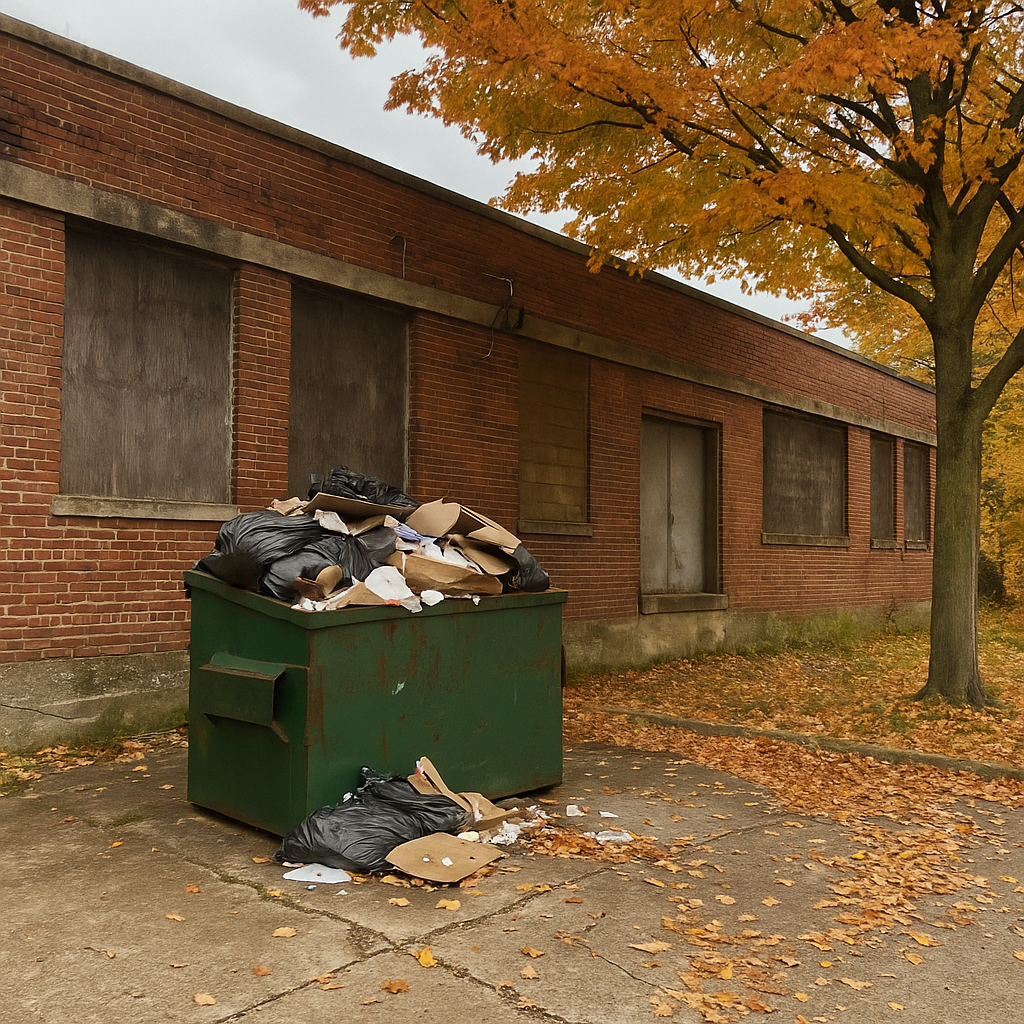 Dumpster full of junk outside a bricked wearhouse brockotn ma
