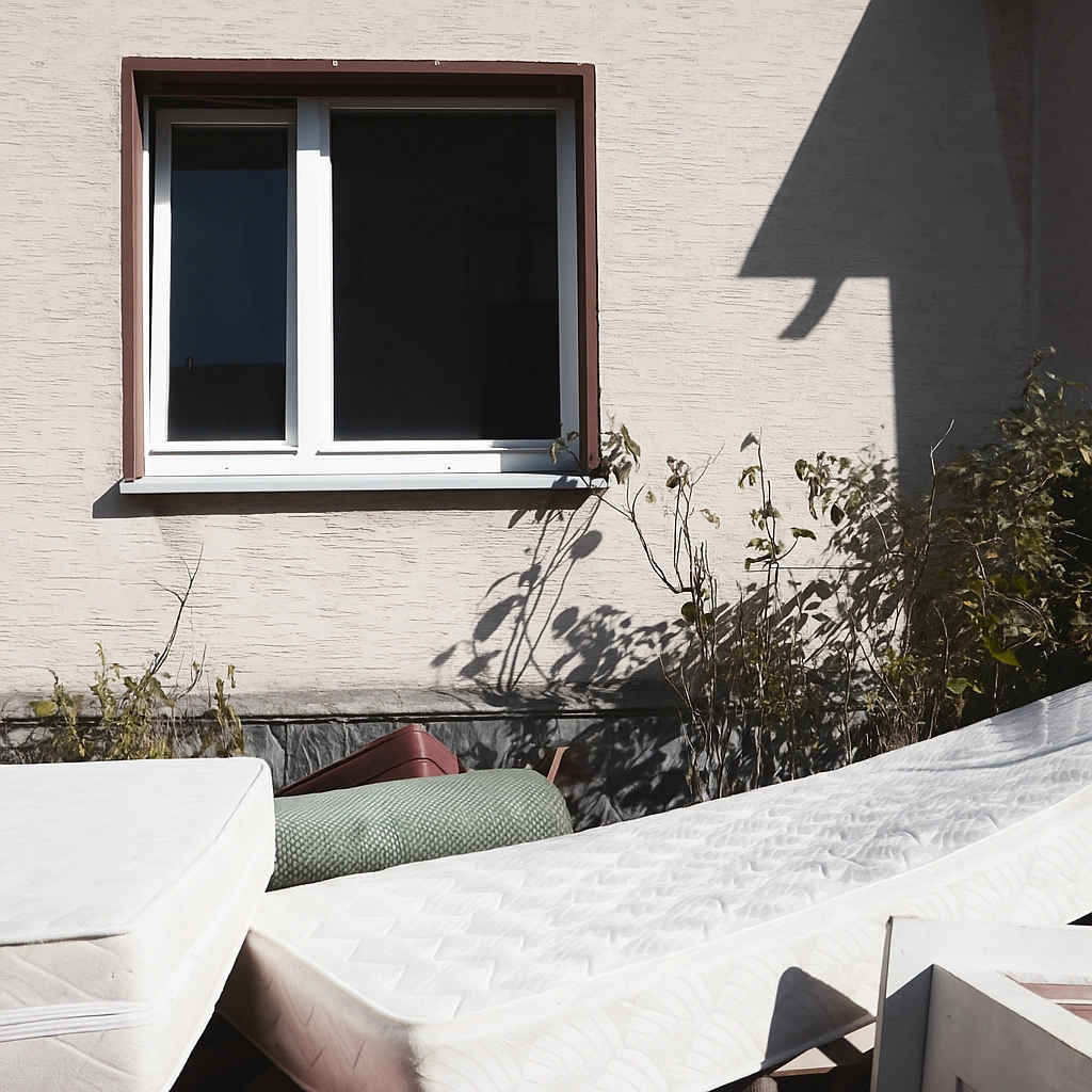 Pile of mattresses outside a house