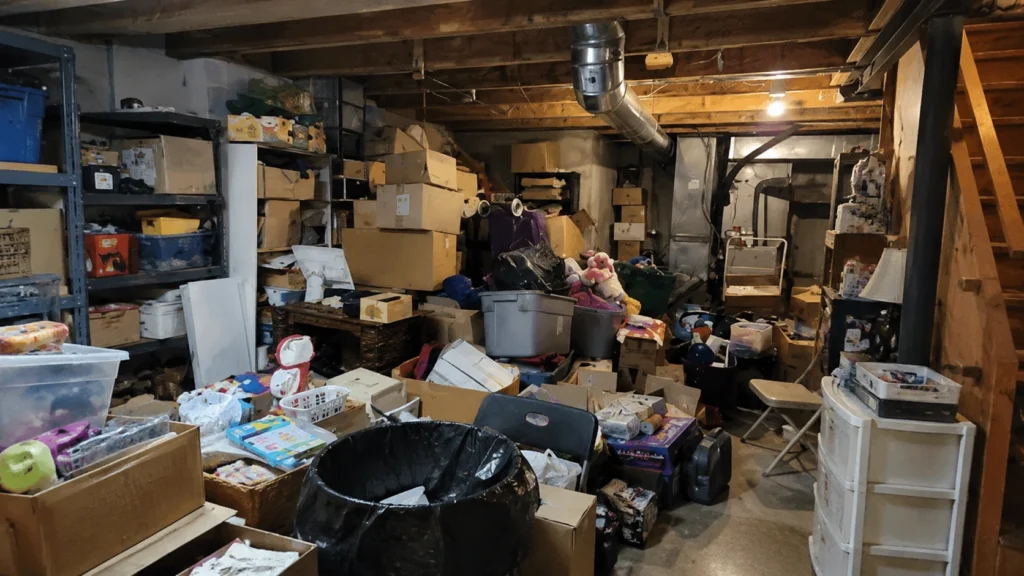 Cluttered basement in Brockton MA filled with boxes, bins, and junk on shelves before a professional cleanout.