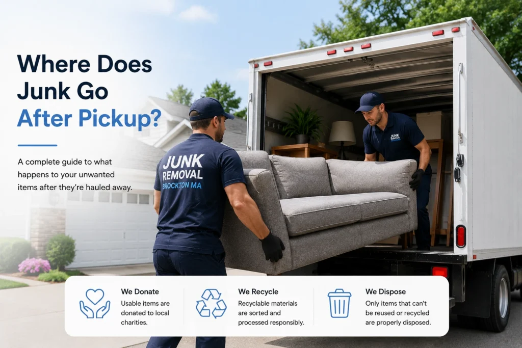 Junk removal truck collecting unwanted furniture for recycling and donation in Brockton, MA